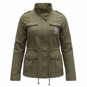 ONLY Womens Green Military Utility Jacket Canvas Army Patches Size Small